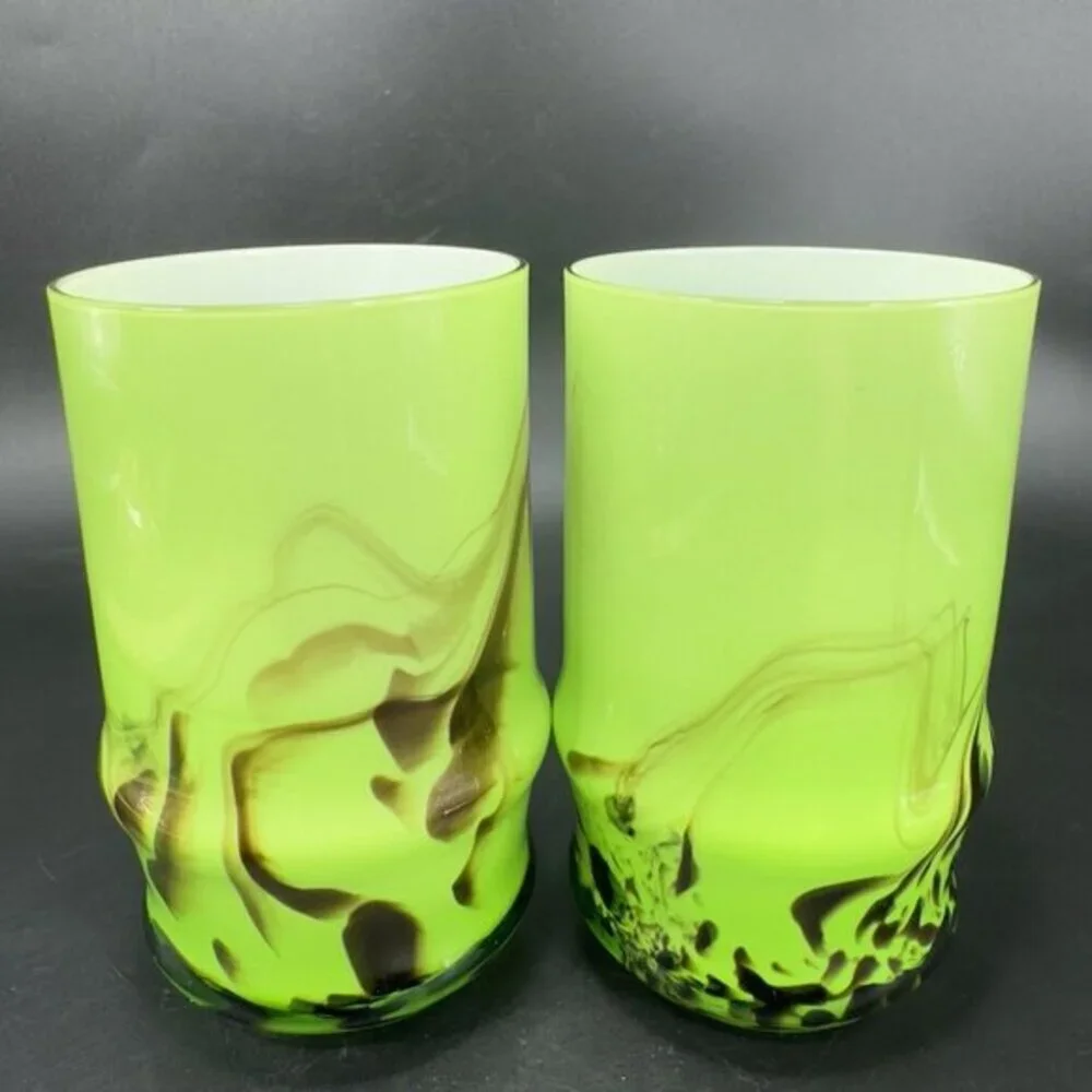 Vintage Bohemian Tumbler Glasses Set 2 Cases Green Black Swirls Glasses Cups VTG
